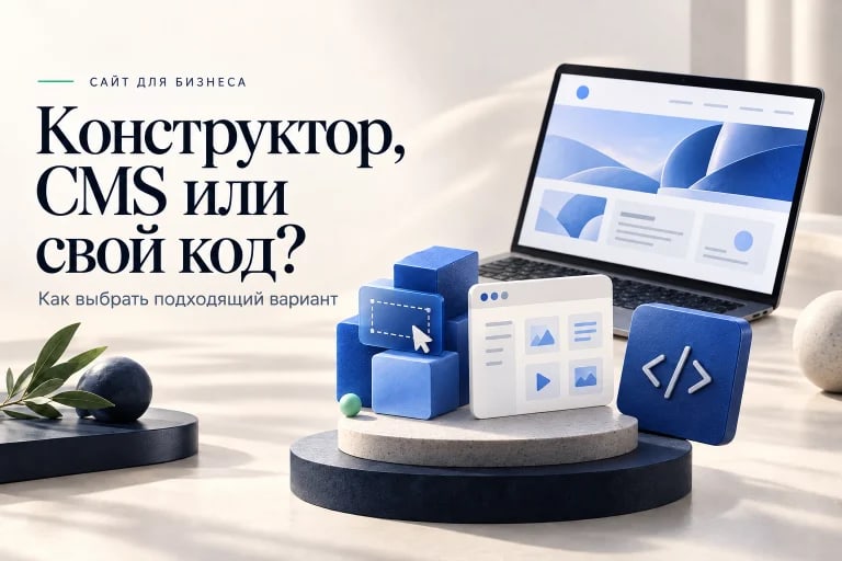 Обложка о выборе платформы сайта: конструктор из блоков, панель CMS и символ кода