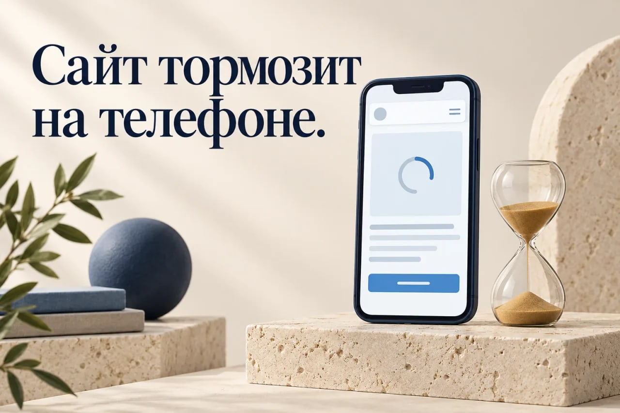 Иллюстрация медленной загрузки сайта на телефоне: смартфон с индикатором ожидания и песочные часы