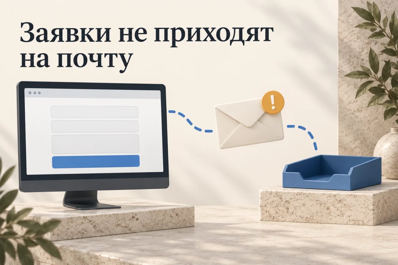 Иллюстрация недоставленного уведомления: форма на мониторе, конверт с предупреждением и пустой почтовый лоток