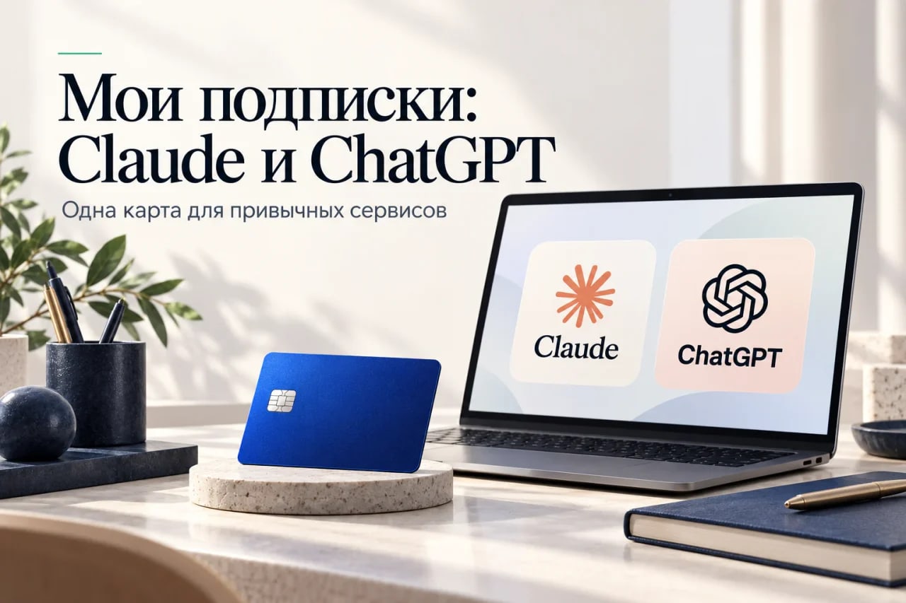 Виртуальная карта рядом с ноутбуком с названиями Claude и ChatGPT