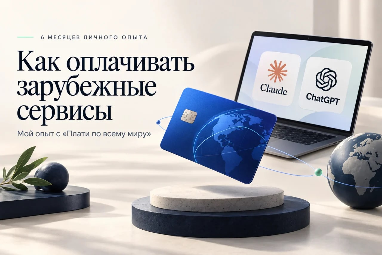 Иллюстрация об оплате зарубежных сервисов: виртуальная карта, ноутбук и названия Claude и ChatGPT