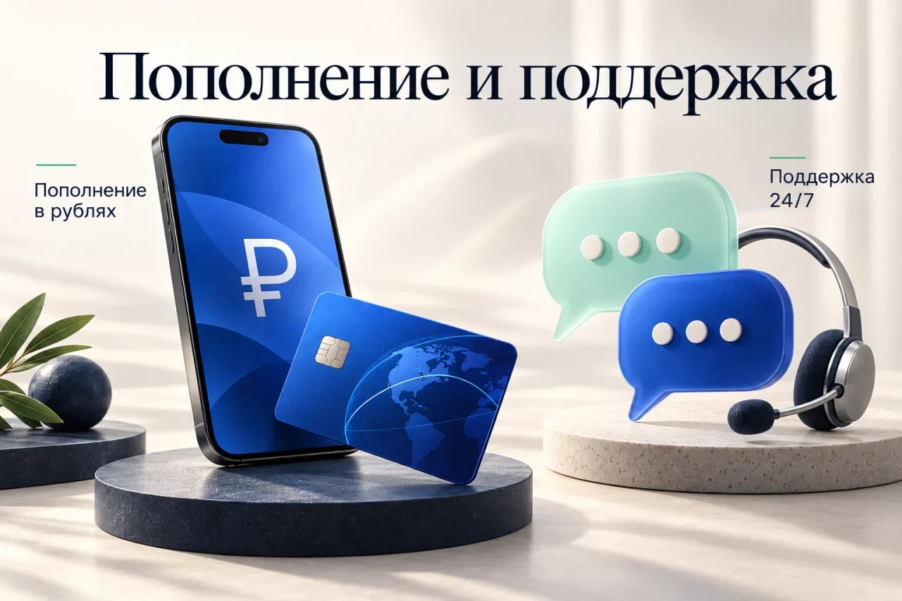 Телефон с символом рубля, виртуальная карта и символы службы поддержки
