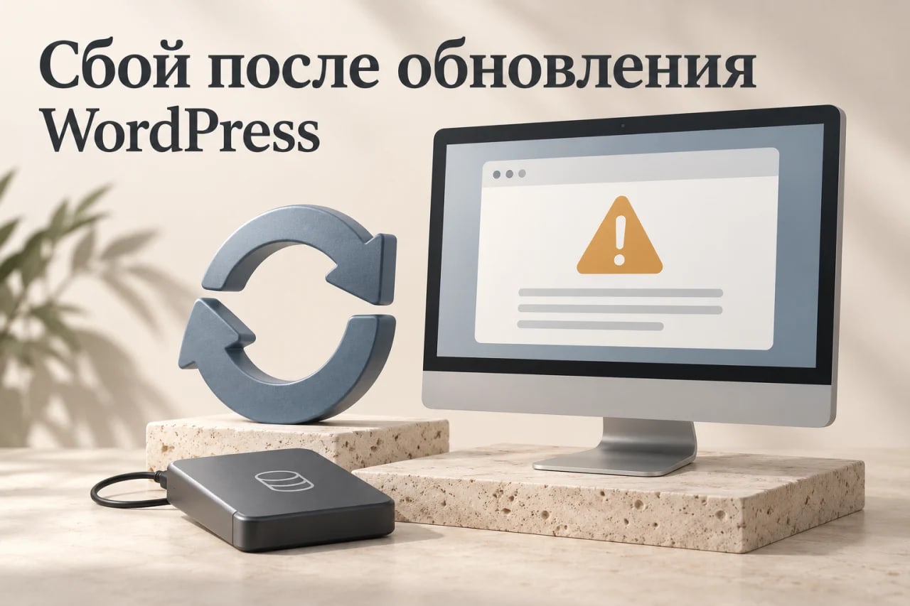 Иллюстрация сбоя после обновления WordPress: монитор с предупреждением, стрелки обновления и отдельный резервный диск