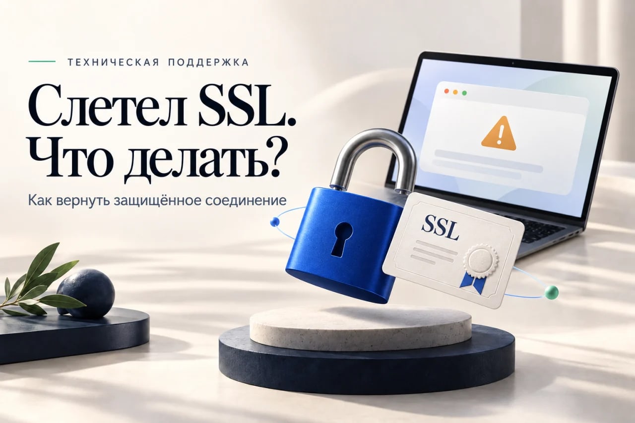 Обложка о восстановлении HTTPS: открытый замок, SSL-сертификат и предупреждение браузера
