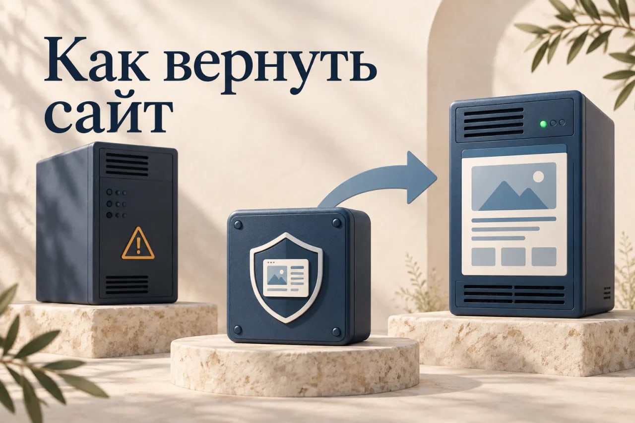 Недоступный сервер с тёмными индикаторами, отдельное хранилище со щитом и копией сайта; стрелка ведёт к работающему новому серверу