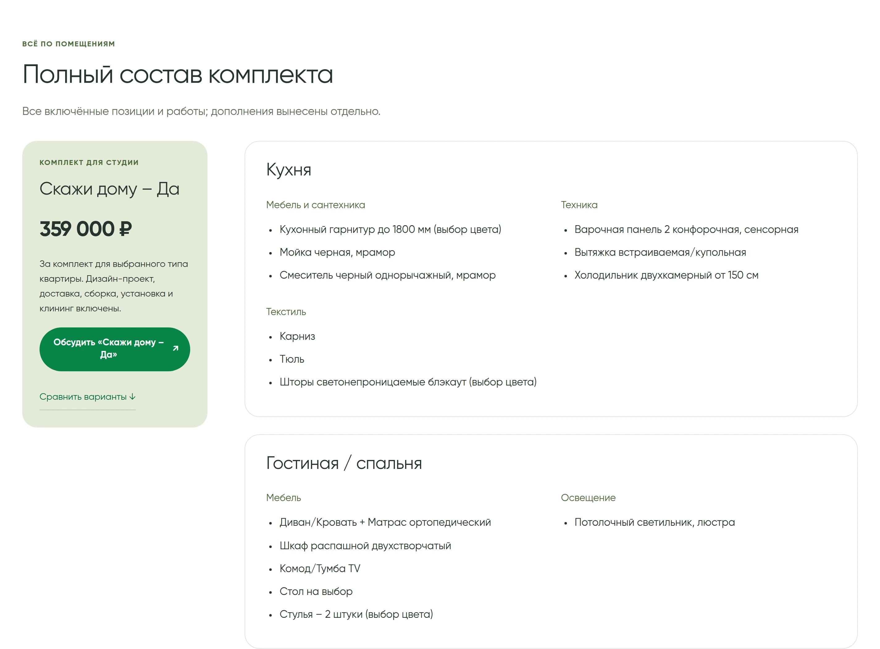 Состав комплекта «Скажи дому — Да» по помещениям рядом с ценой.