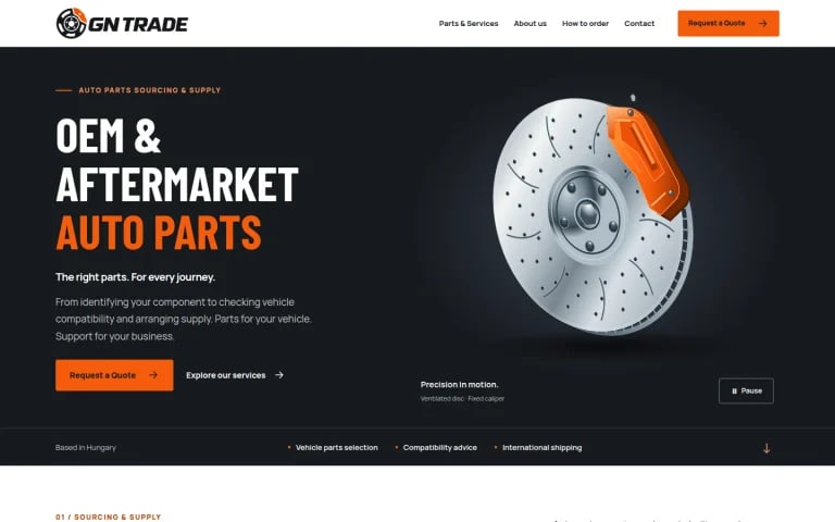 Англоязычная главная страница GN TRADE — поставщика автозапчастей из Венгрии