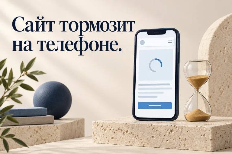 Иллюстрация медленной загрузки сайта на телефоне: смартфон с индикатором ожидания и песочные часы