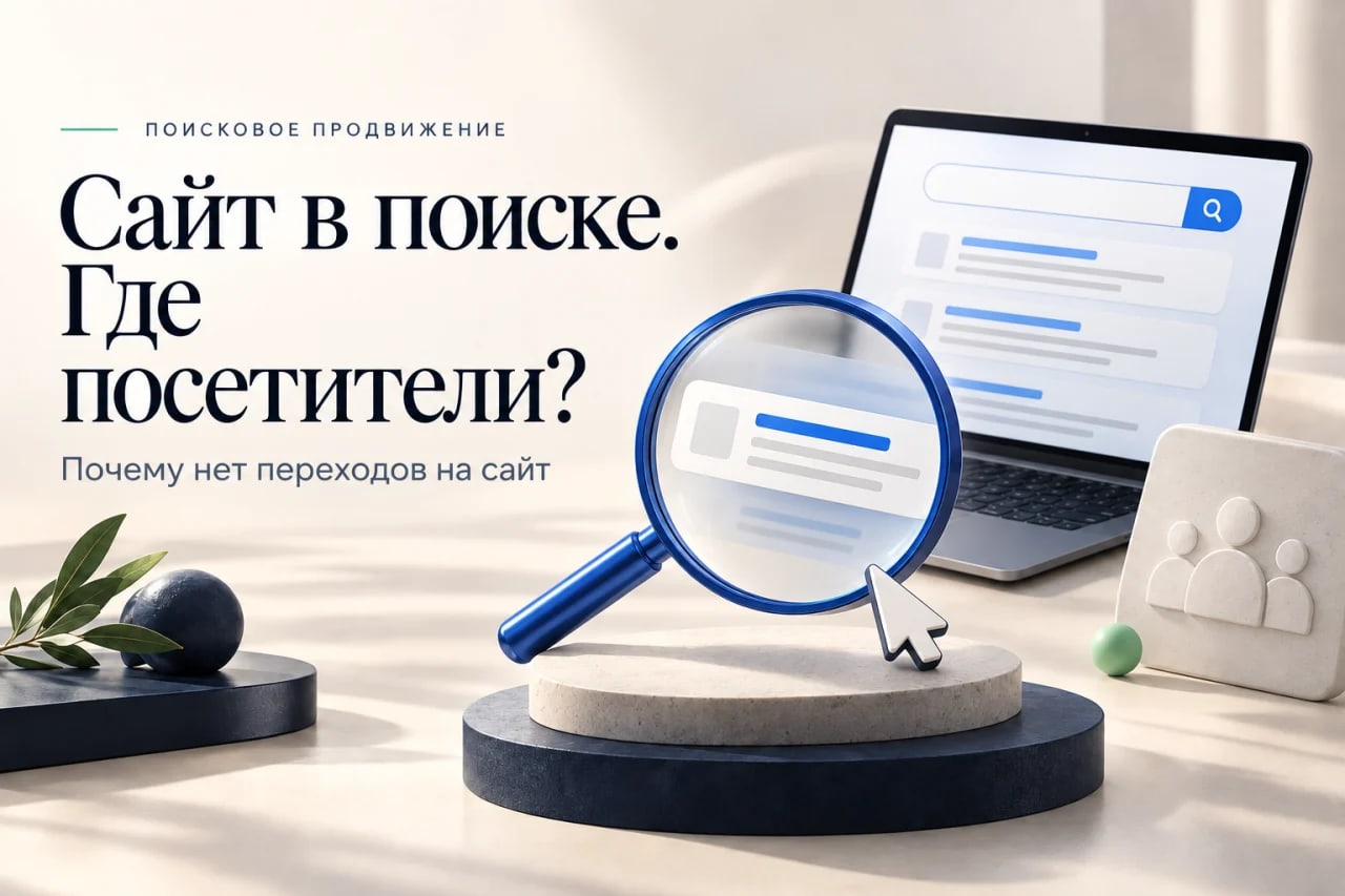 Обложка о поисковом трафике: лупа над результатом поиска и указатель мыши