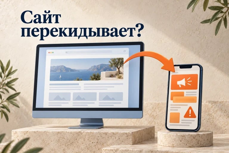 Оранжевая стрелка ведёт от нормального сайта на мониторе к посторонней рекламной странице с предупреждением на смартфоне