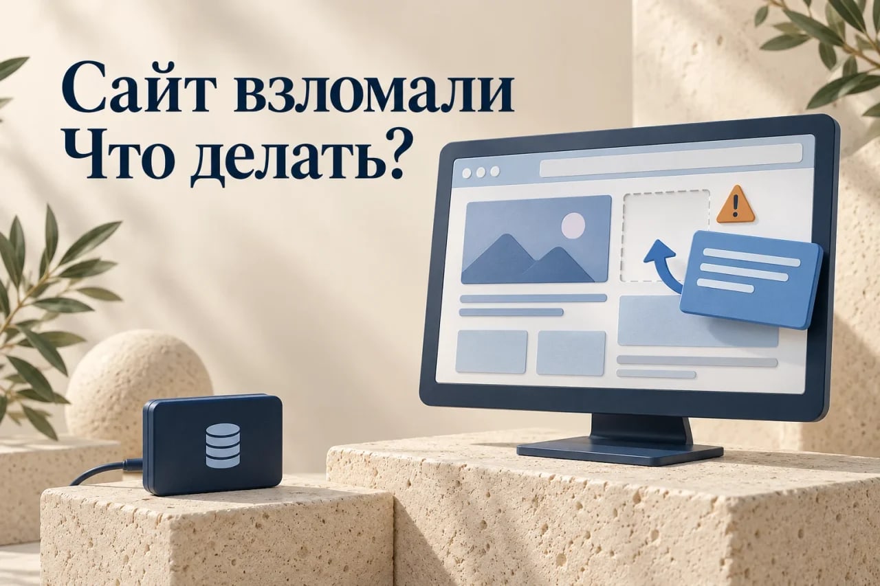 Иллюстрация восстановления повреждённого сайта: монитор с недостающим блоком страницы, стрелка возврата и отдельный резервный диск
