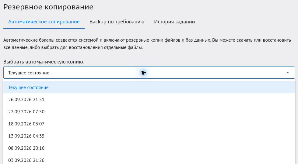 Выбор даты автоматической резервной копии Beget